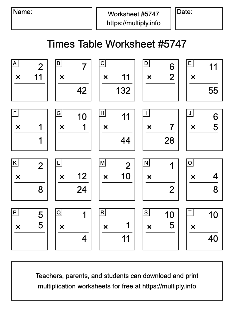 Times Table Worksheet #5747
