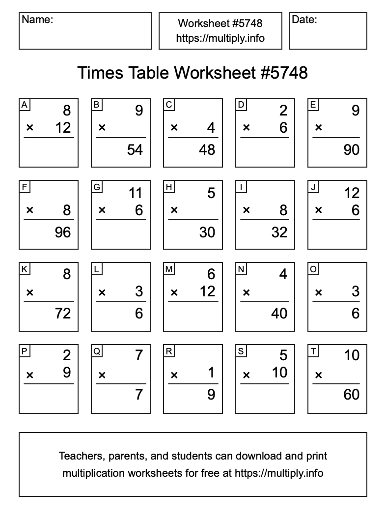 Times Table Worksheet #5748