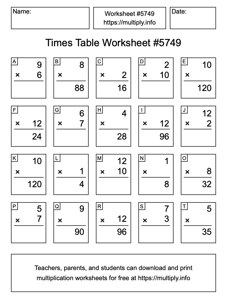 Times Table Worksheet #5749