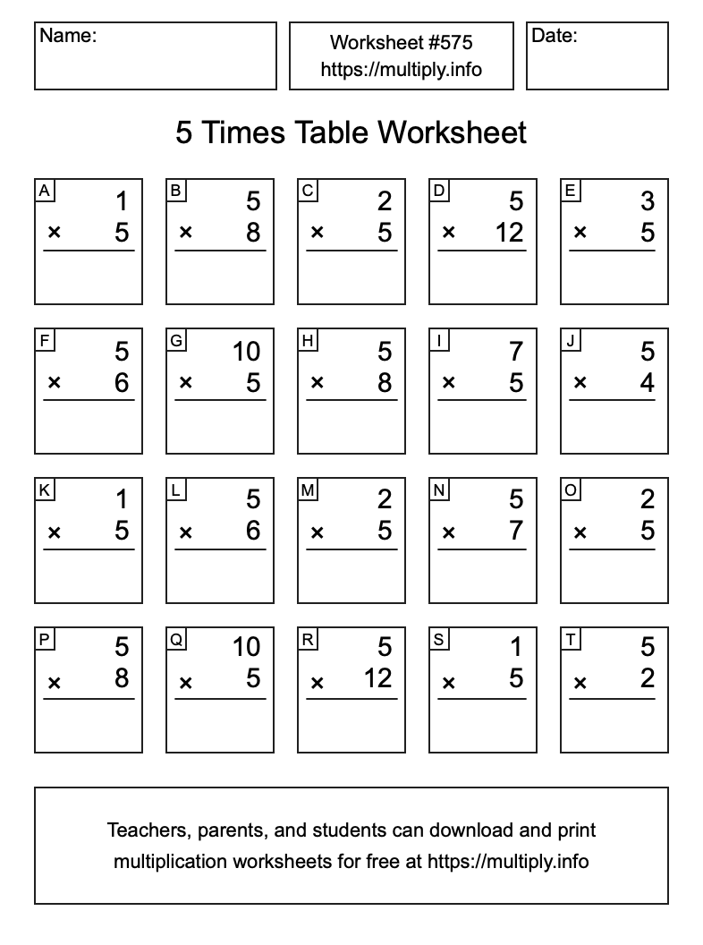 5 Times Table Worksheet #575