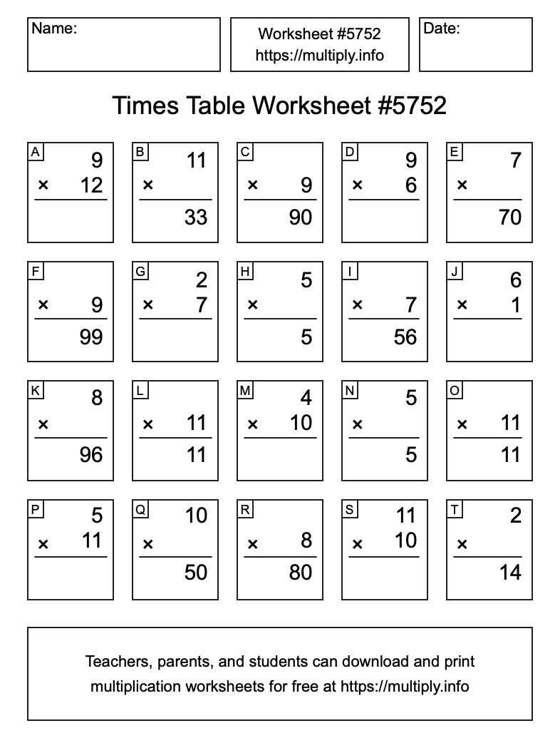 Times Table Worksheet #5752