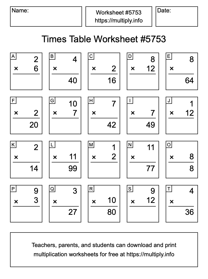 Times Table Worksheet #5753