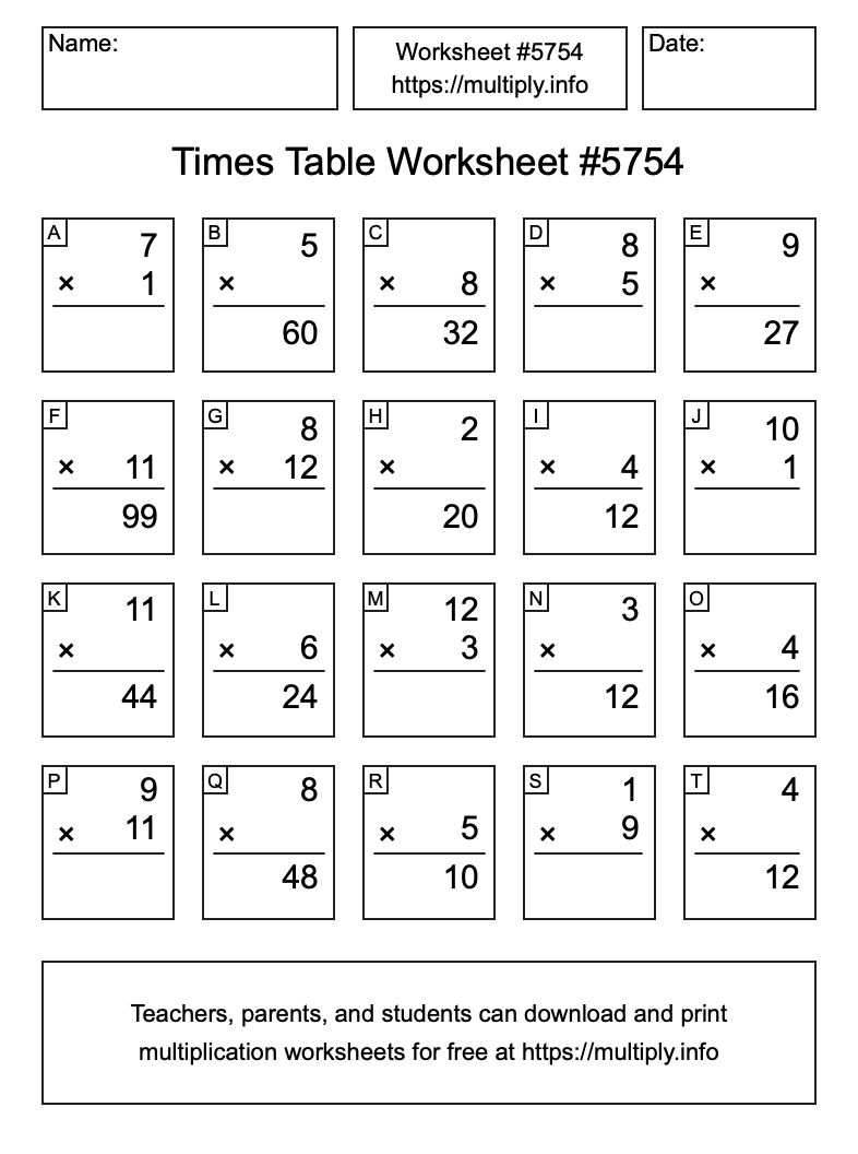 Times Table Worksheet #5754