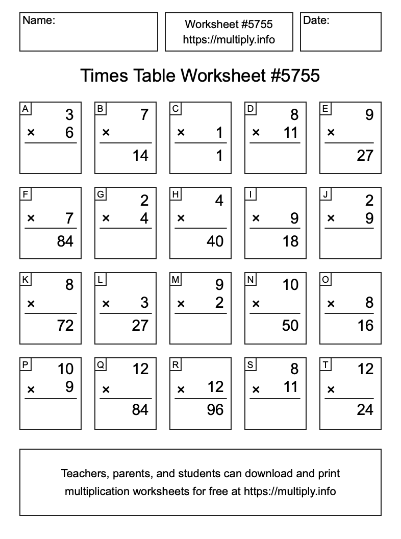 Times Table Worksheet #5755