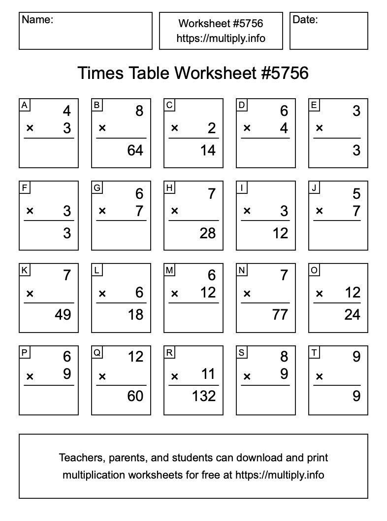 Times Table Worksheet #5756