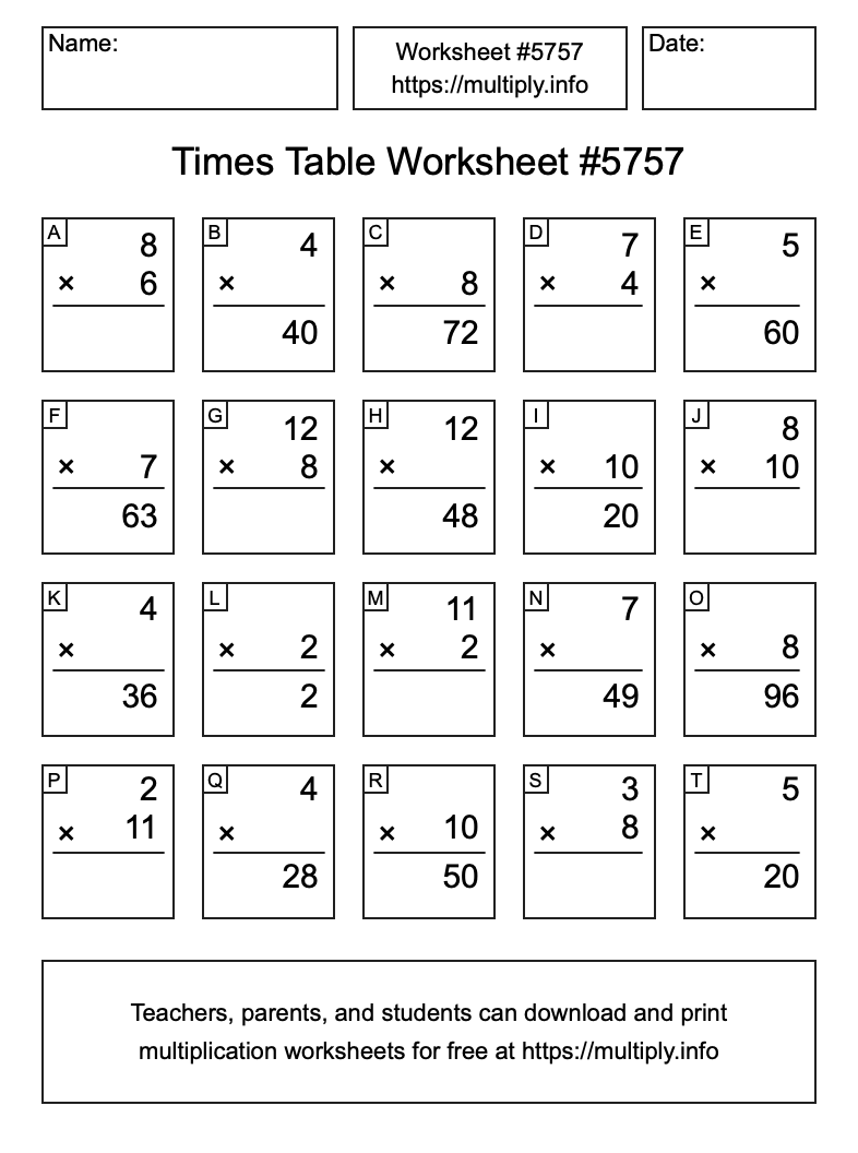 Times Table Worksheet #5757