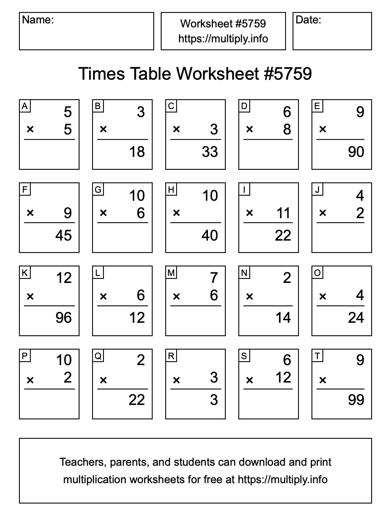 Times Table Worksheet #5759