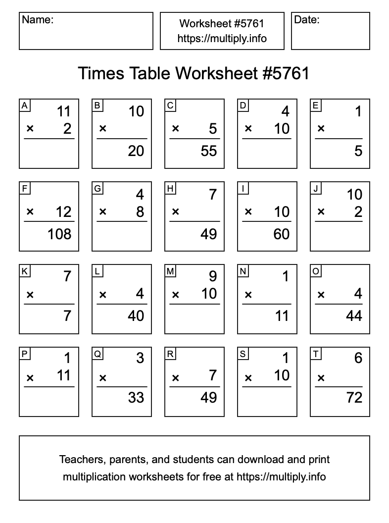 Times Table Worksheet #5761