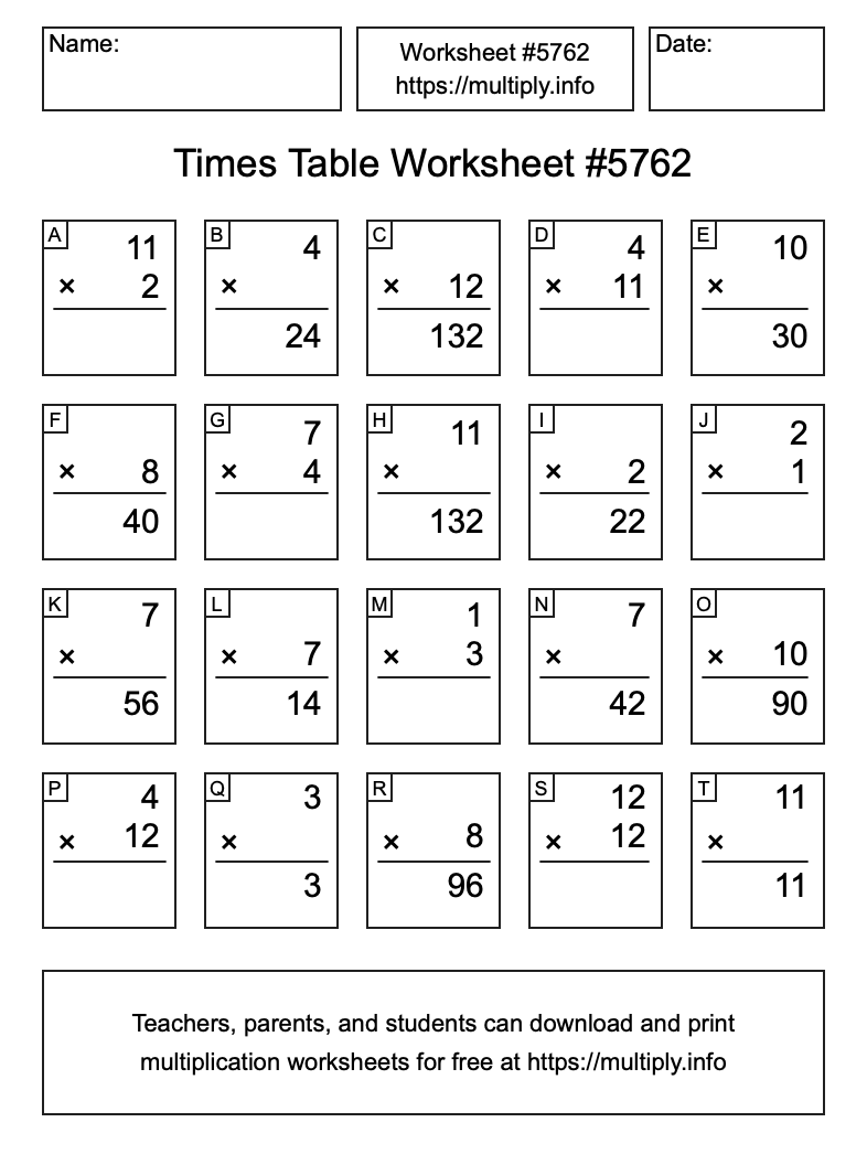 Times Table Worksheet #5762