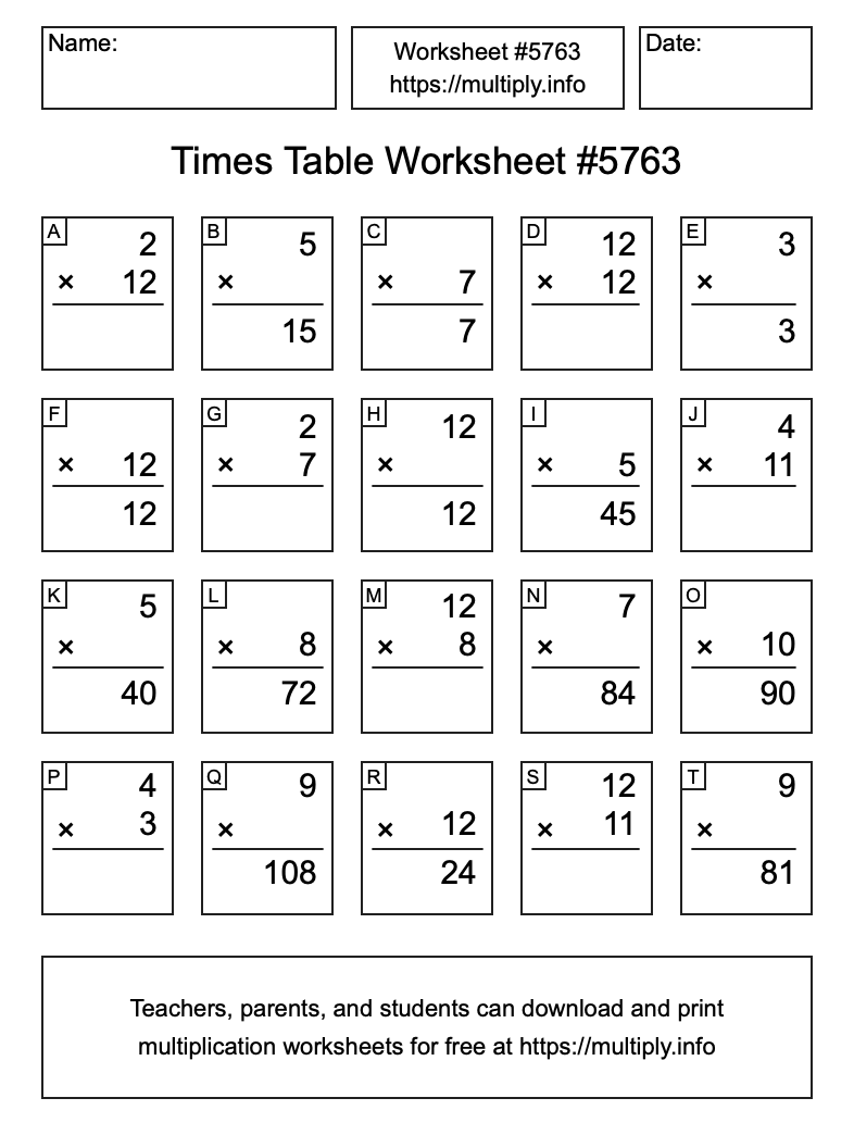 Times Table Worksheet #5763