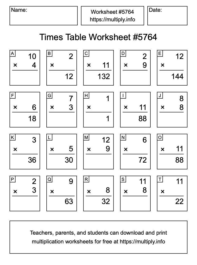 Times Table Worksheet #5764