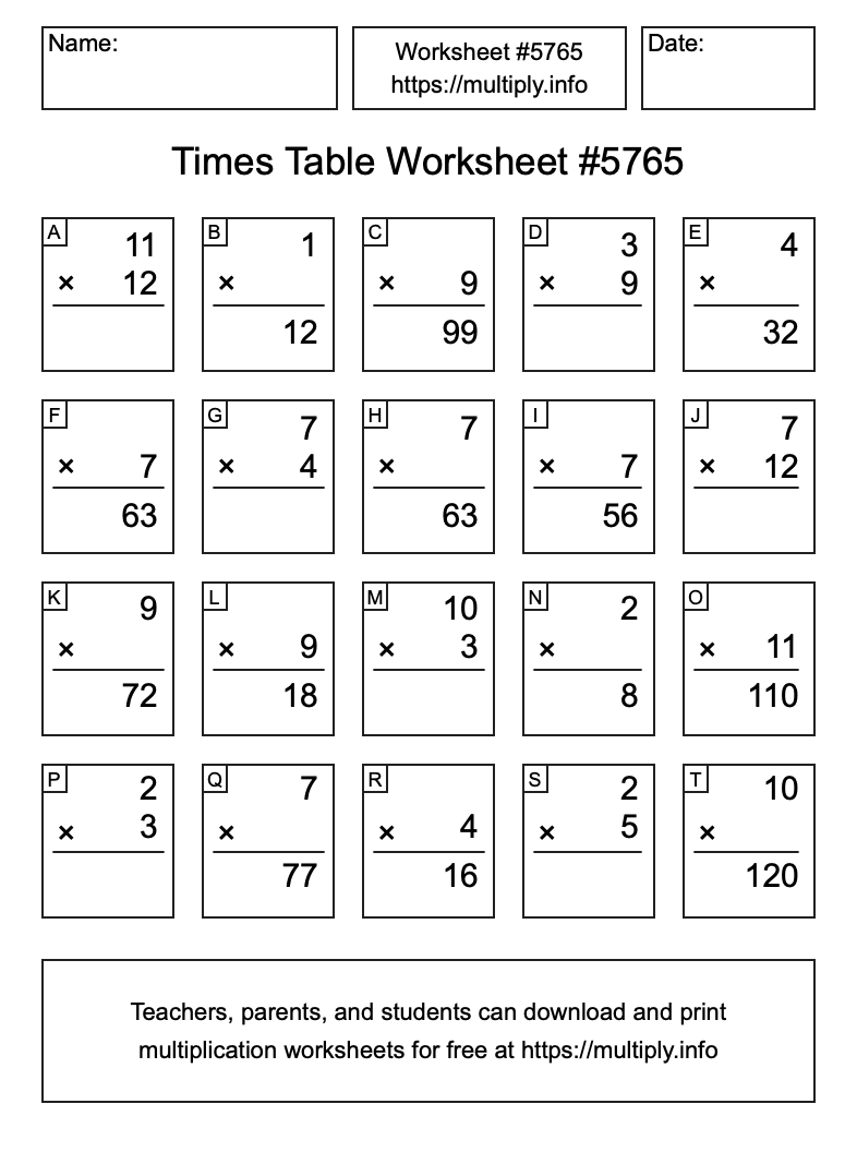 Times Table Worksheet #5765