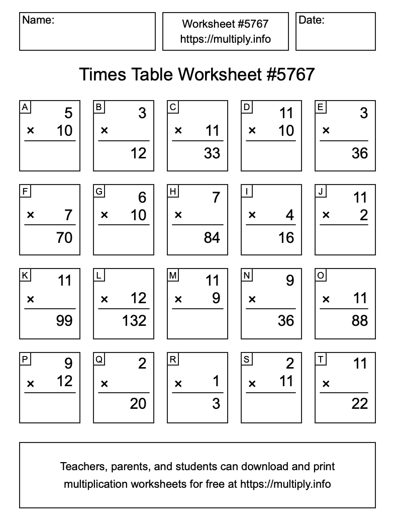 Times Table Worksheet #5767
