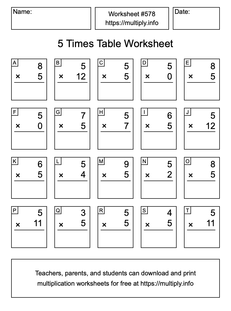 5 Times Table Worksheet #578