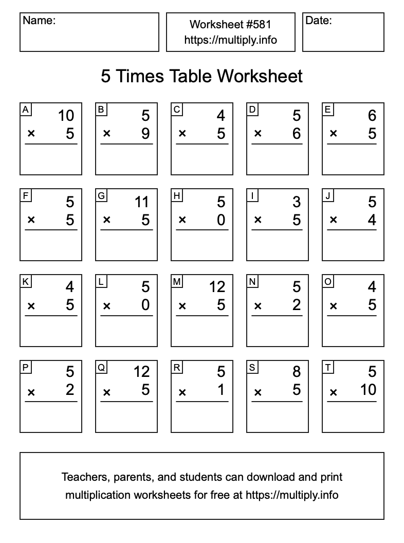5 Times Table Worksheet #581