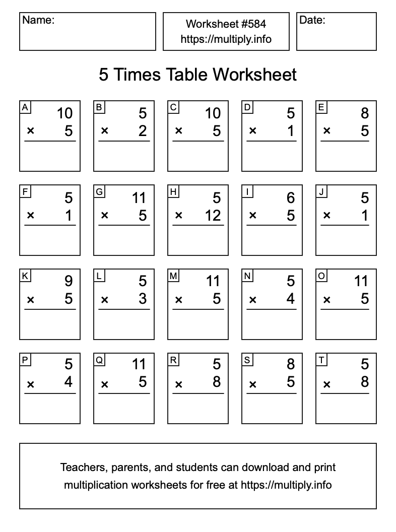 5 Times Table Worksheet #584