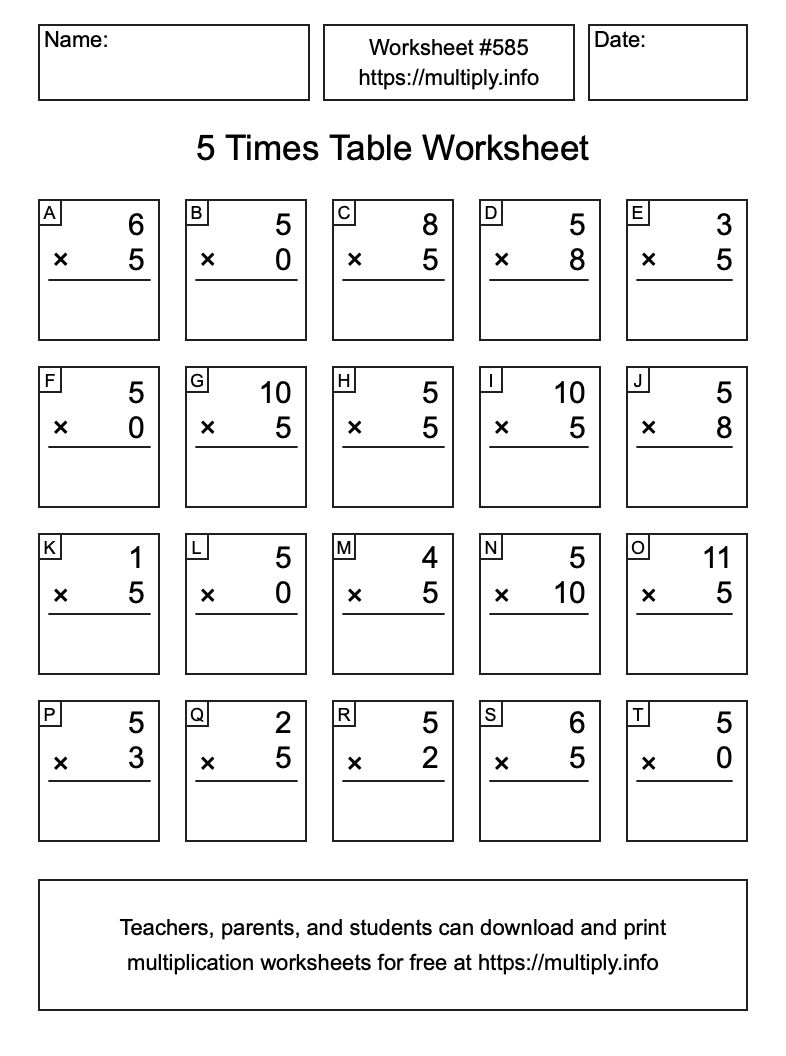 5 Times Table Worksheet #585