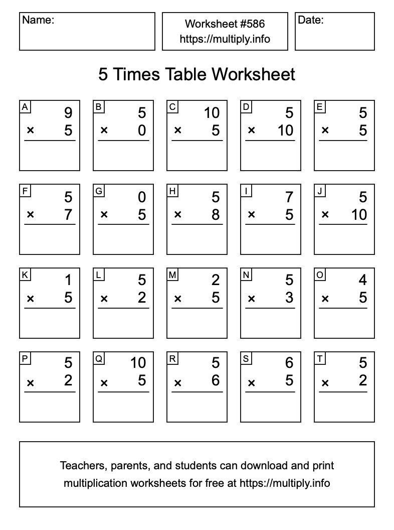 5 Times Table Worksheet #586
