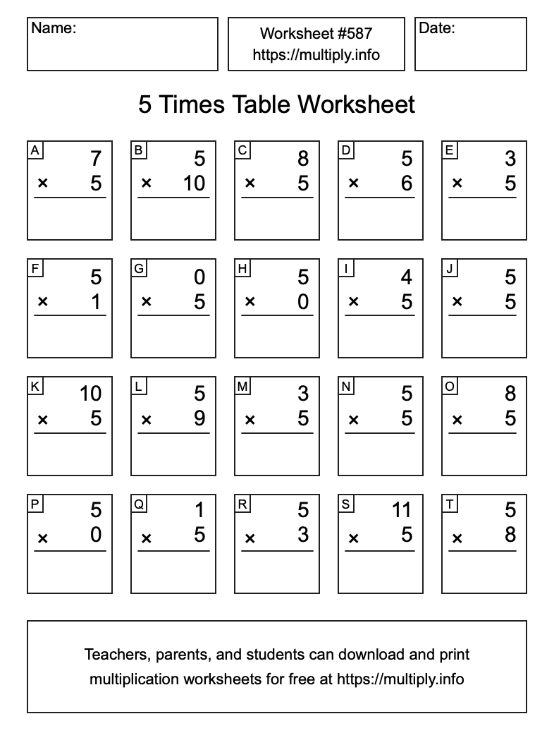 5 Times Table Worksheet #587
