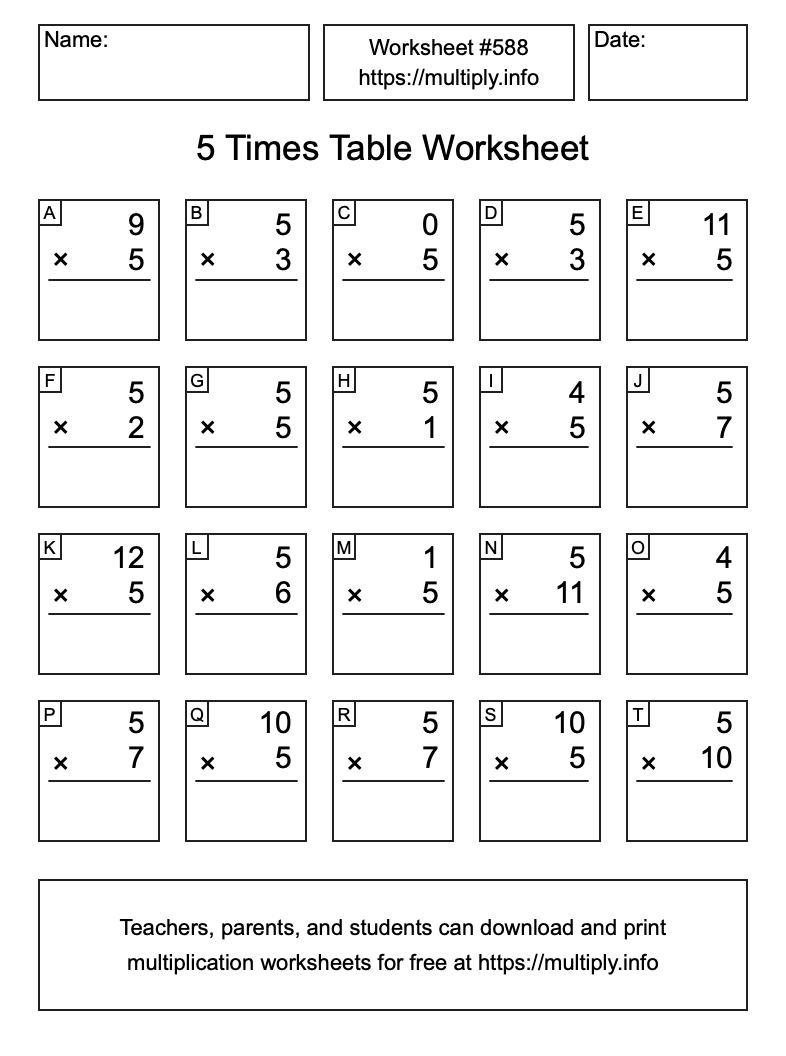 5 Times Table Worksheet #588