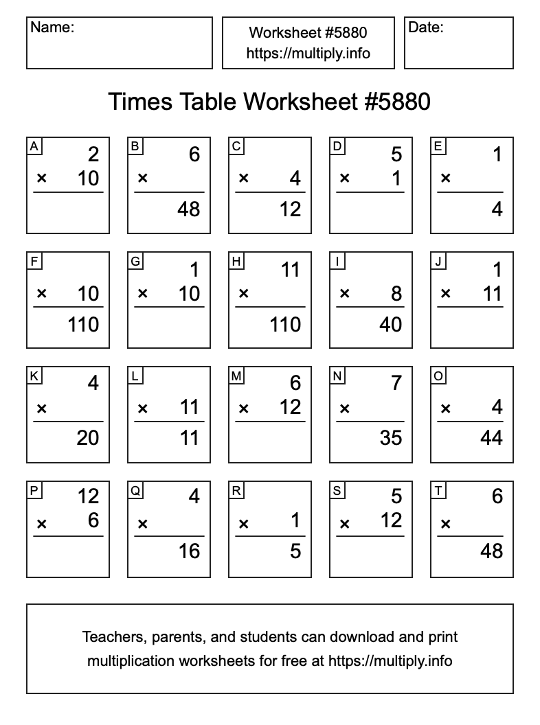 Times Table Worksheet #5880