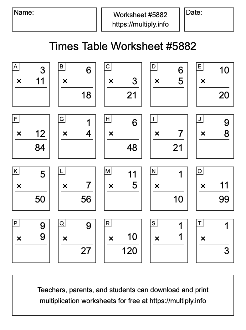 Times Table Worksheet #5882