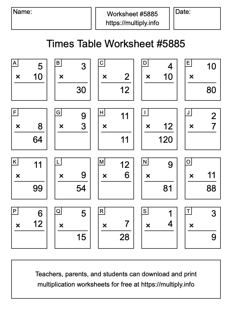 Times Table Worksheet #5885