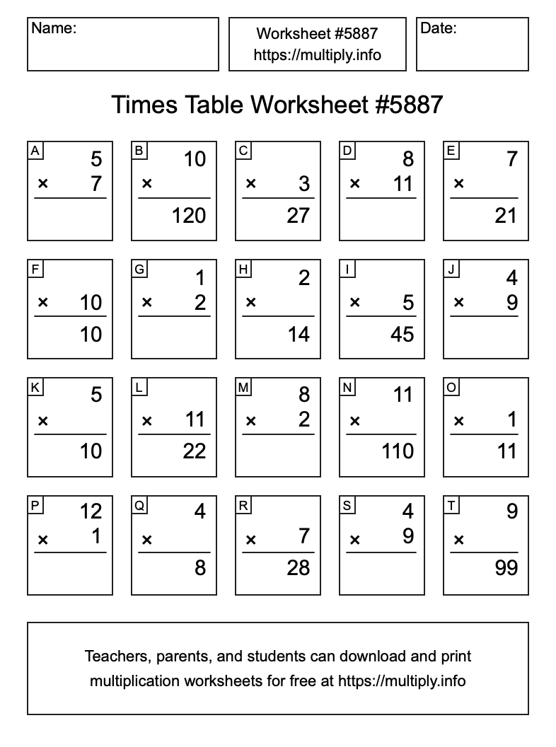 Times Table Worksheet #5887