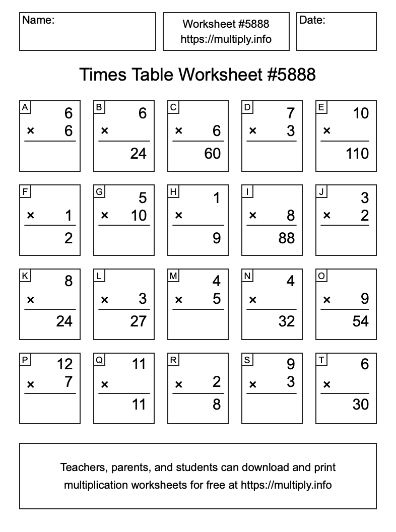 Times Table Worksheet #5888