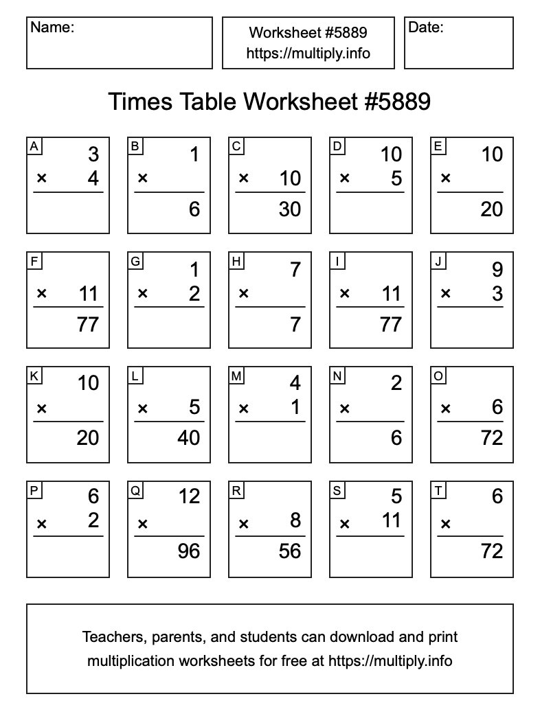 Times Table Worksheet #5889