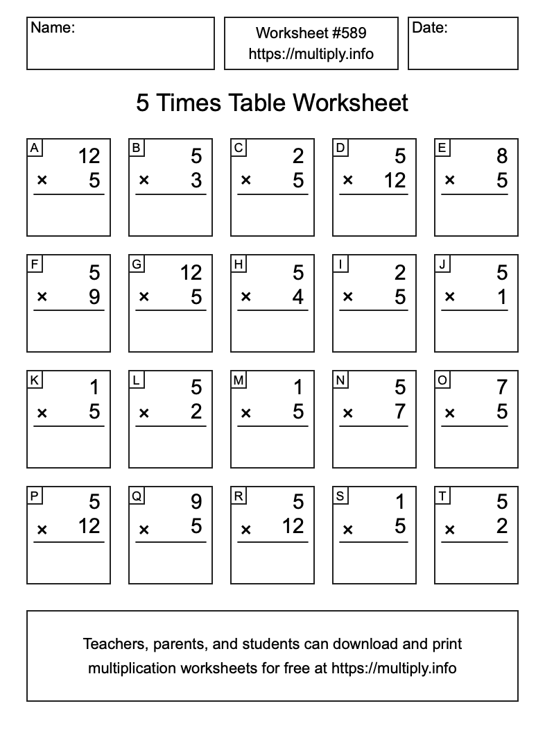 5 Times Table Worksheet #589