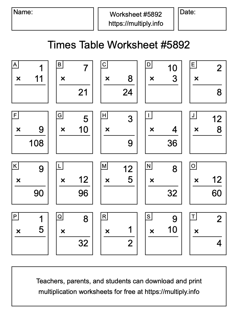Times Table Worksheet #5892