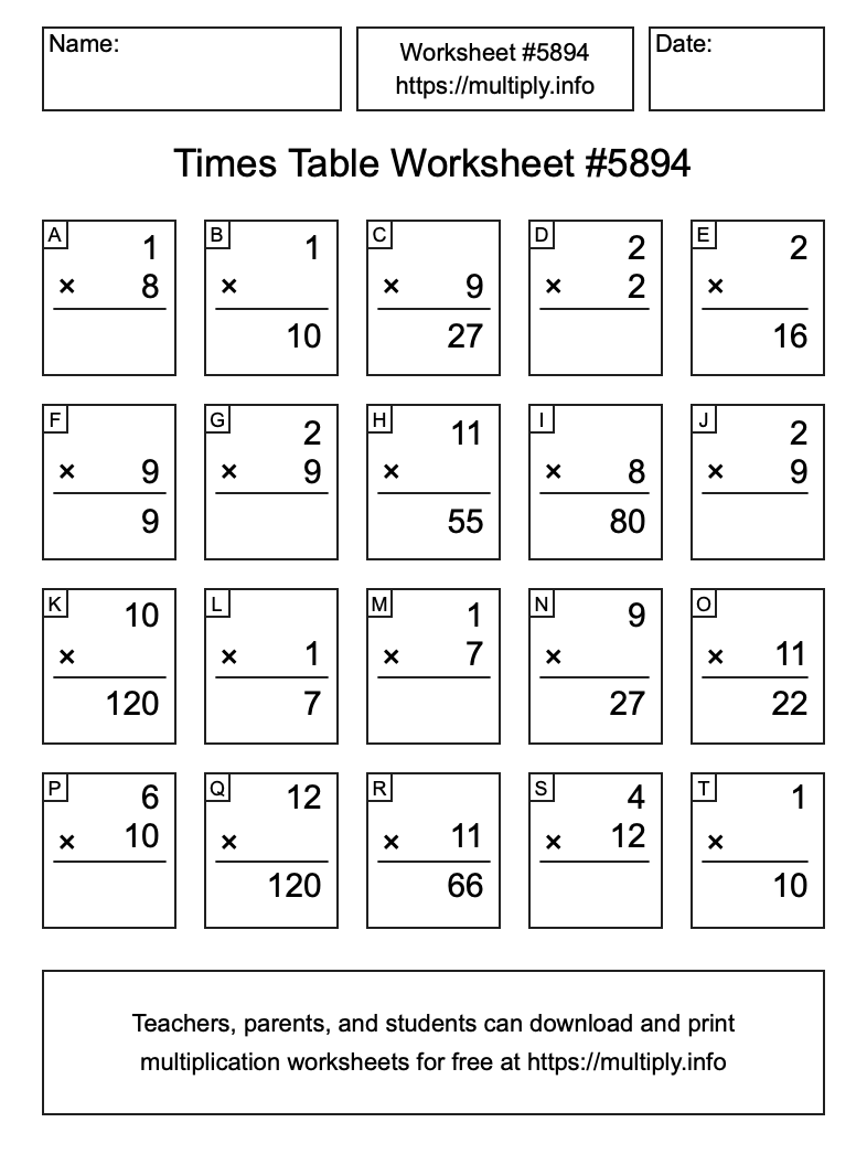 Times Table Worksheet #5894