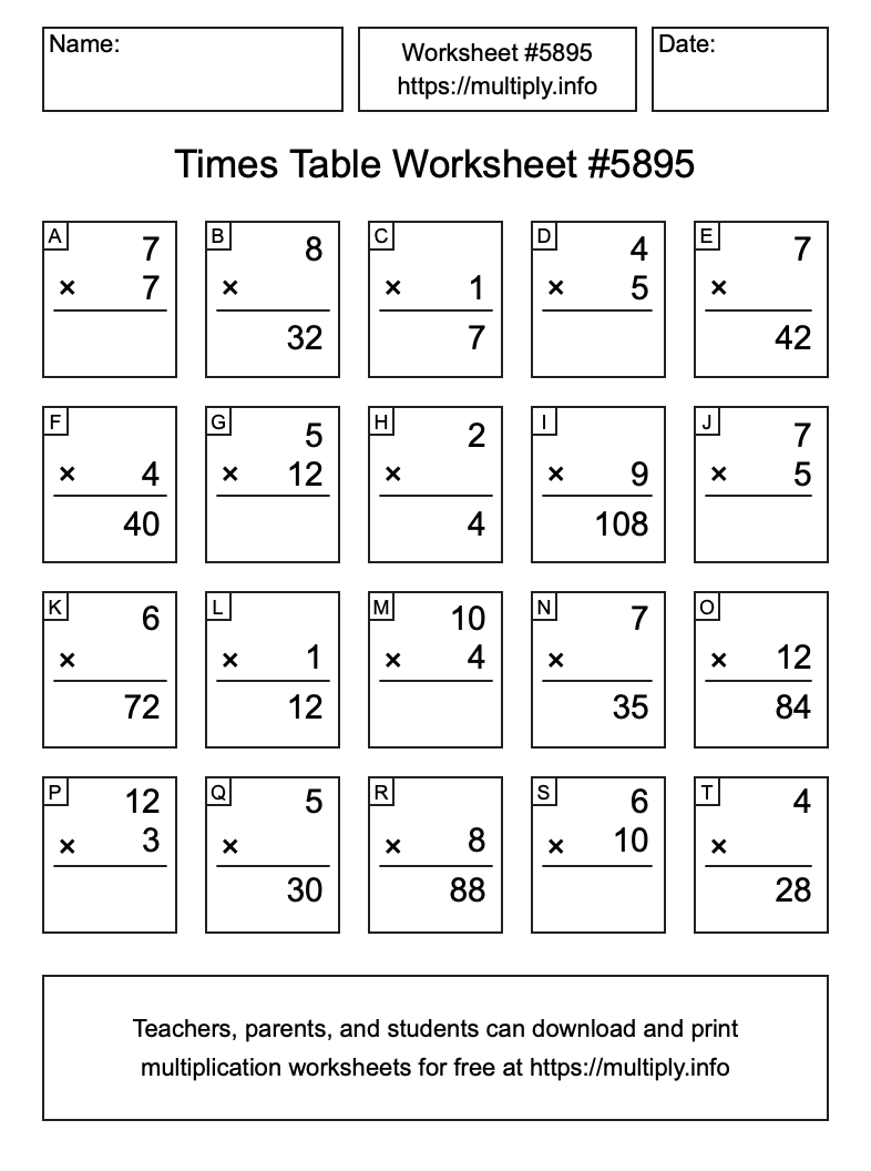 Times Table Worksheet #5895