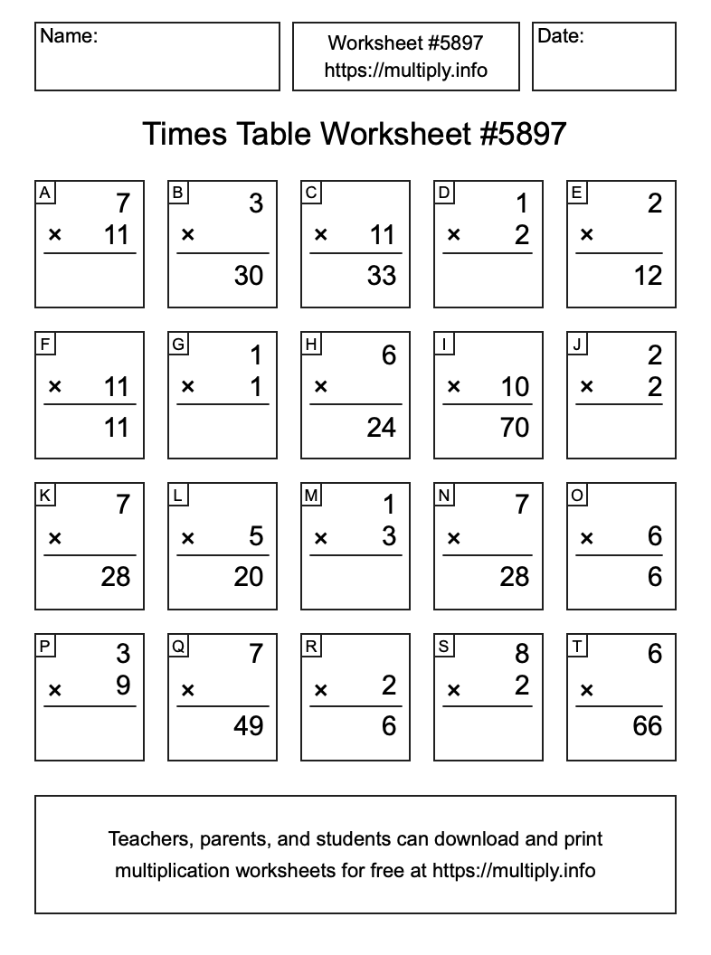 Times Table Worksheet #5897