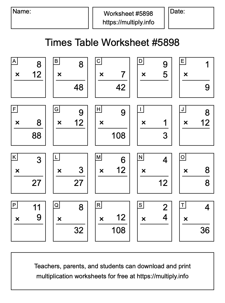 Times Table Worksheet #5898