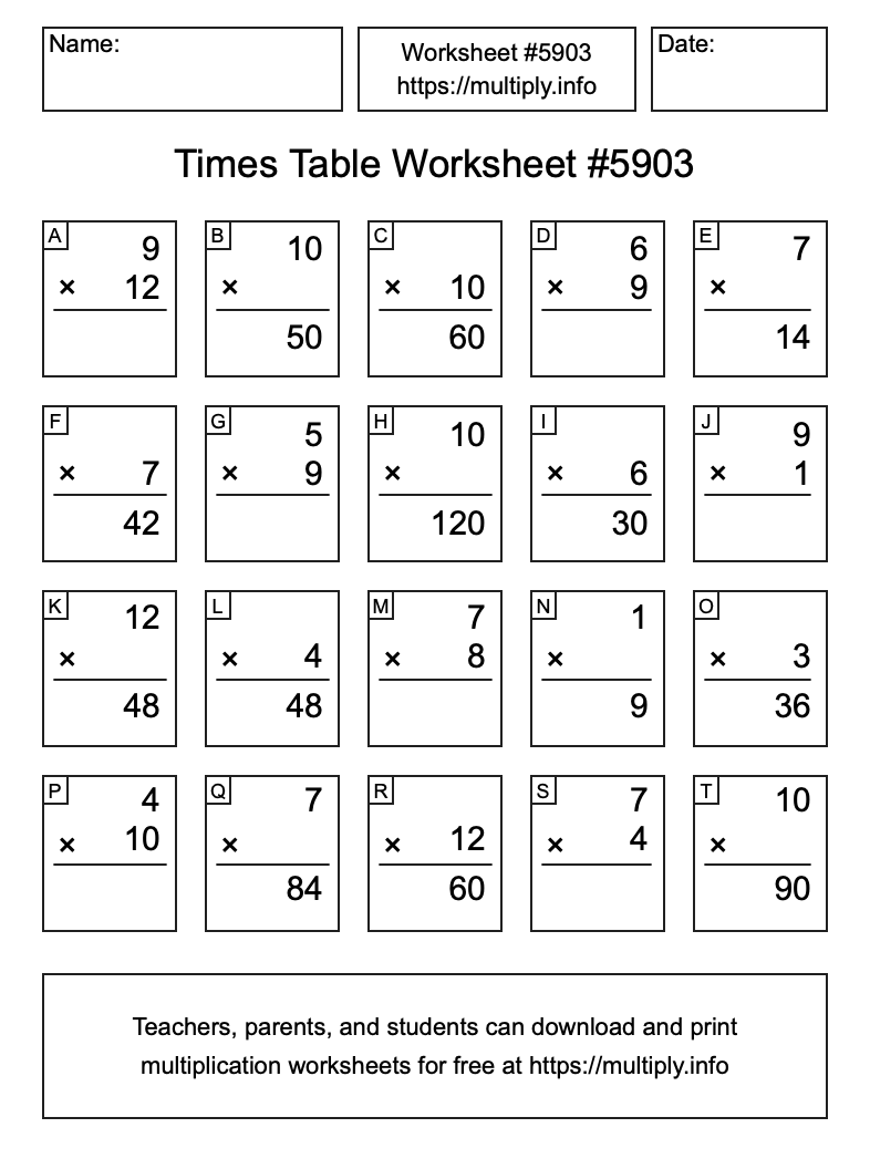 Times Table Worksheet #5903