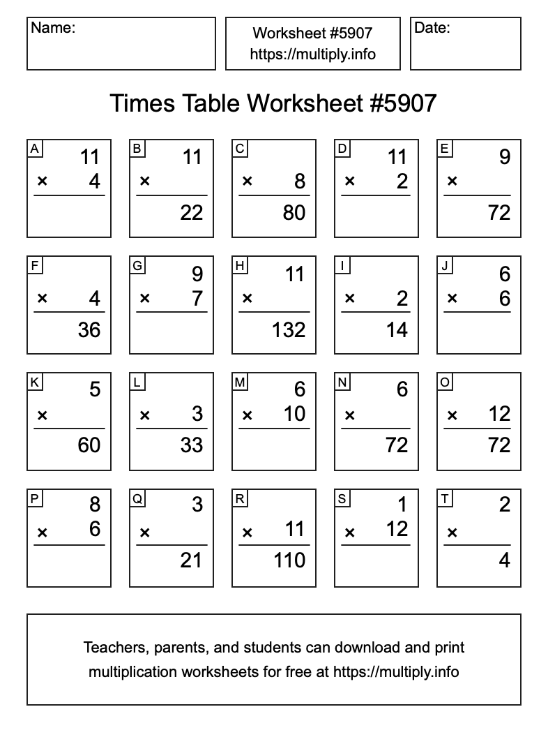 Times Table Worksheet #5907