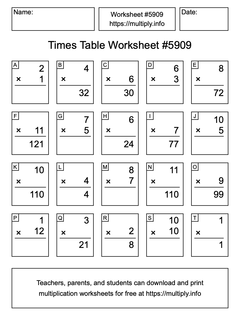 Times Table Worksheet #5909