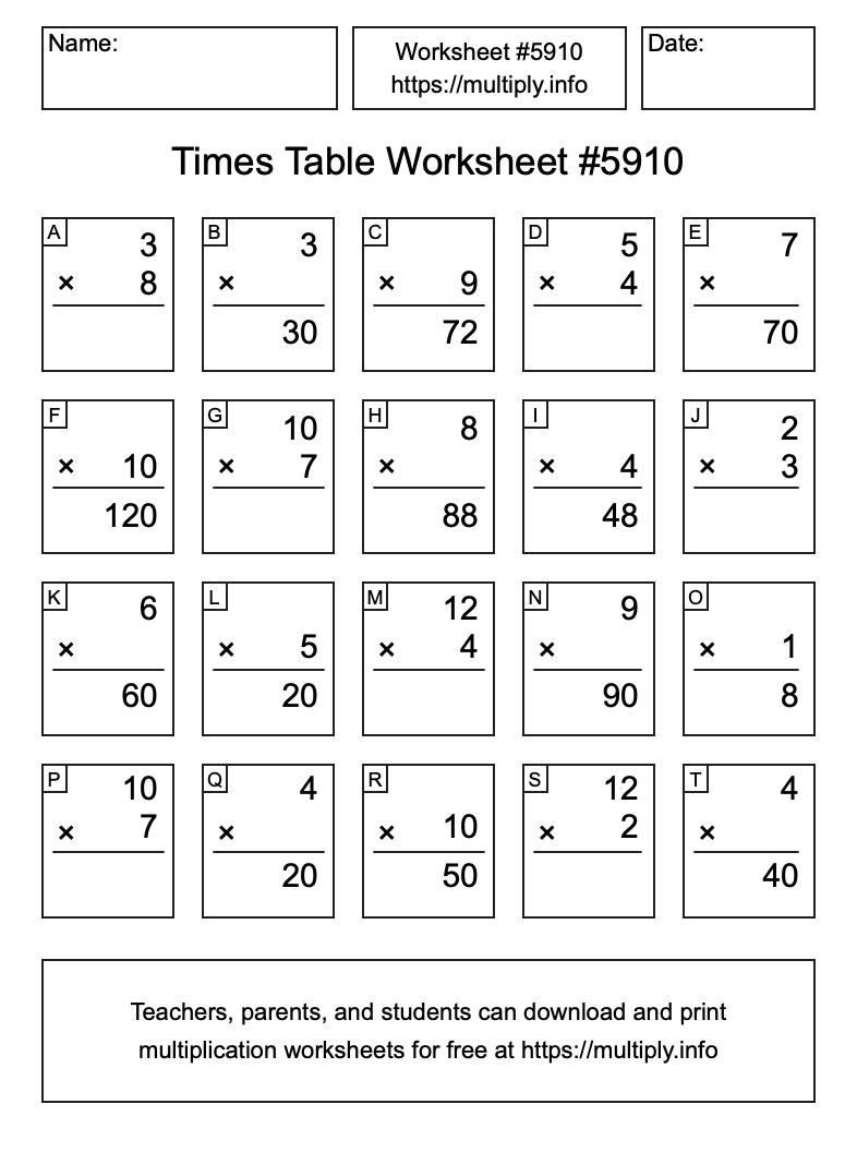 Times Table Worksheet #5910
