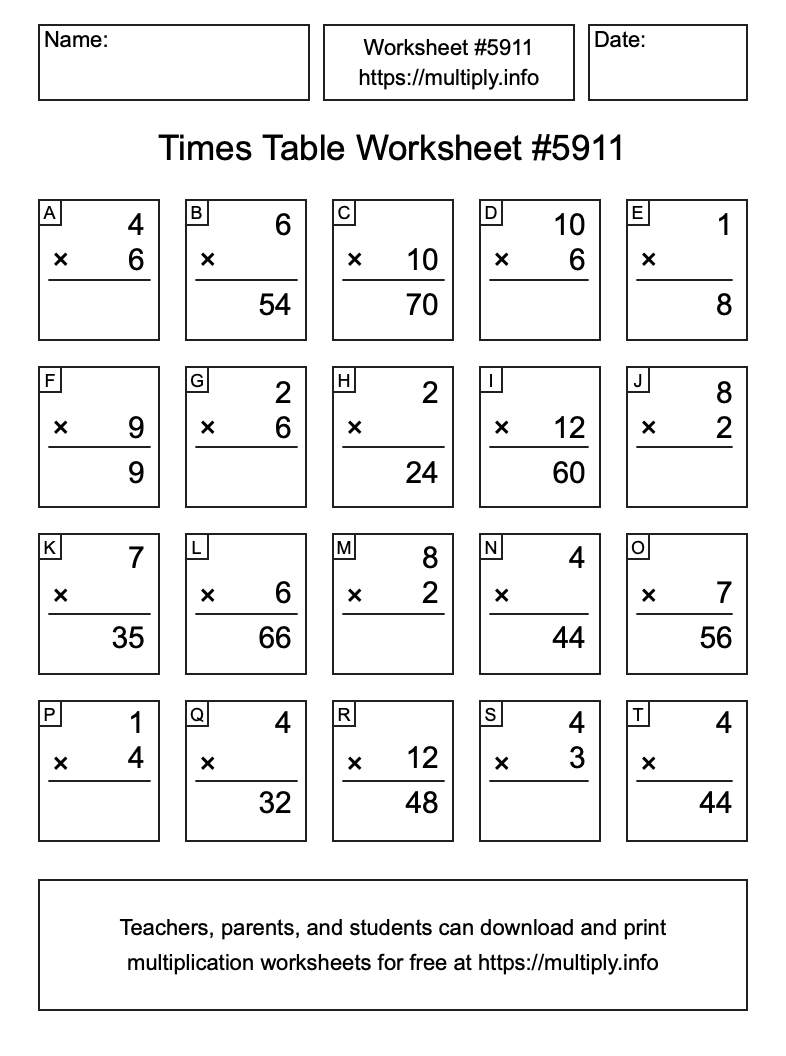 Times Table Worksheet #5911