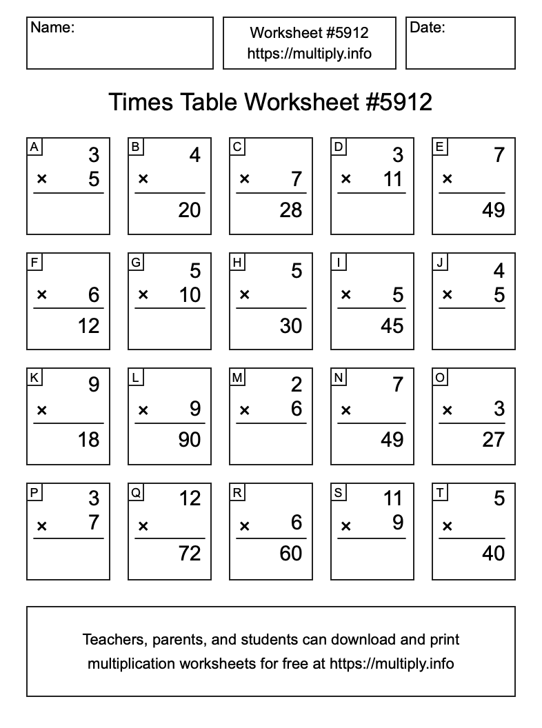 Times Table Worksheet #5912