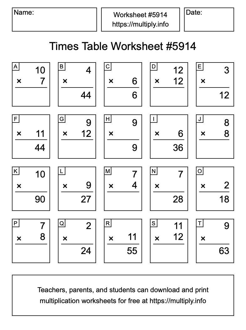 Times Table Worksheet #5914
