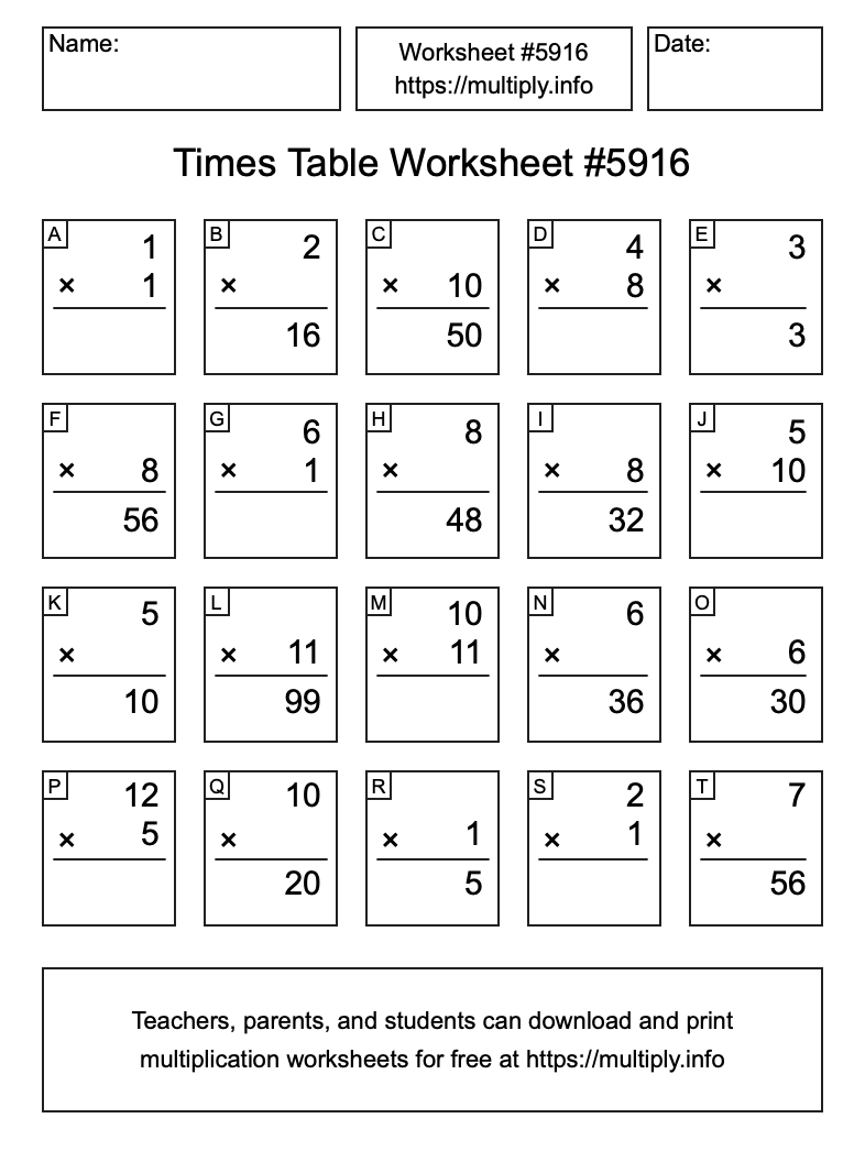 Times Table Worksheet #5916