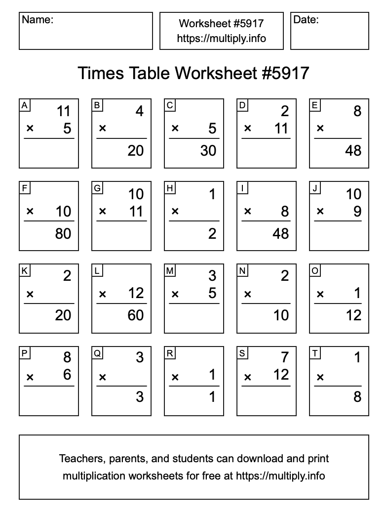 Times Table Worksheet #5917