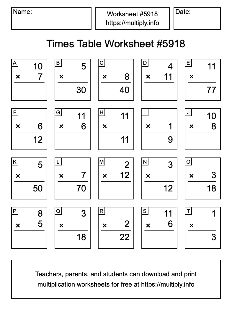 Times Table Worksheet #5918