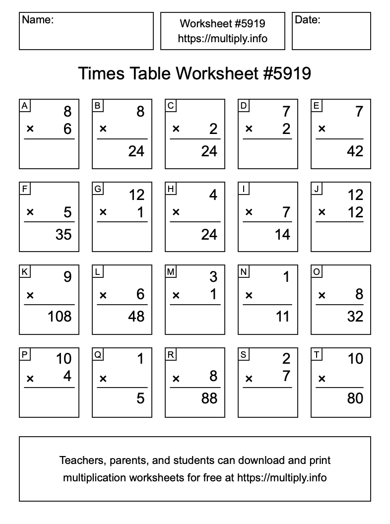 Times Table Worksheet #5919