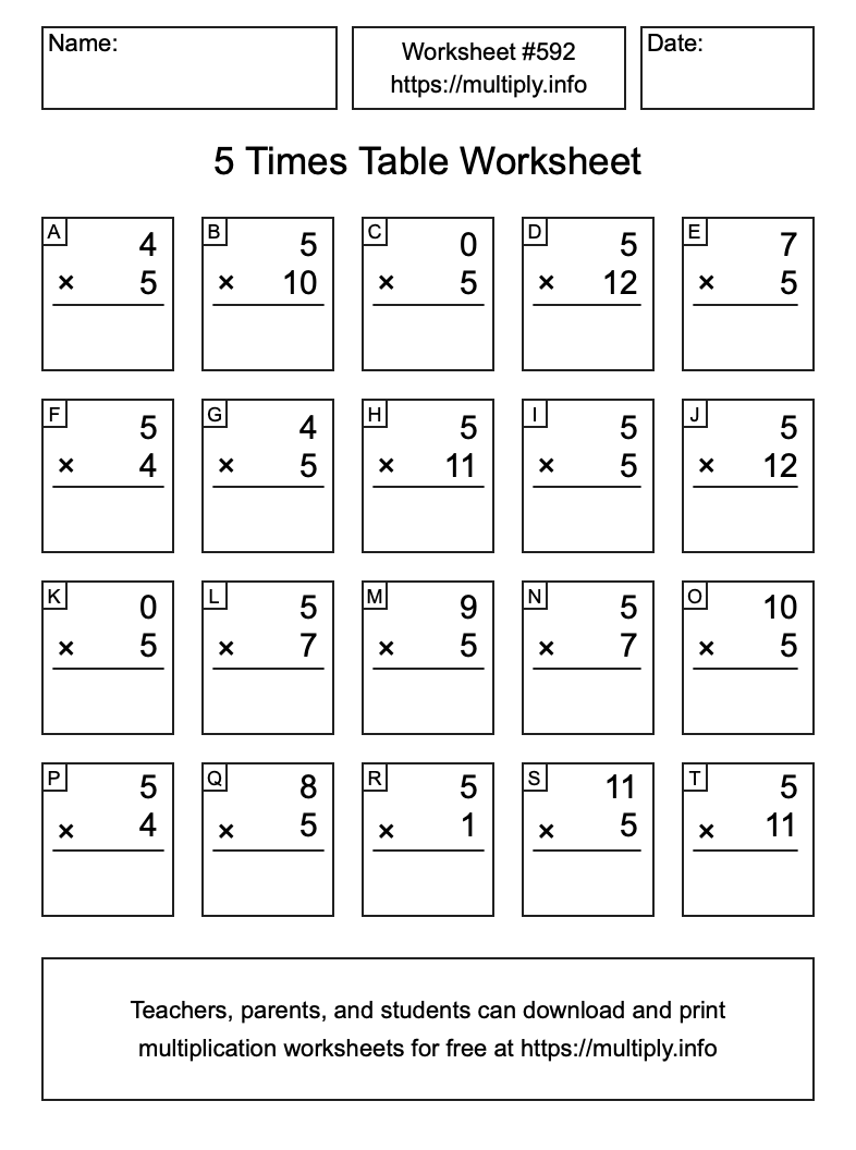 5 Times Table Worksheet #592