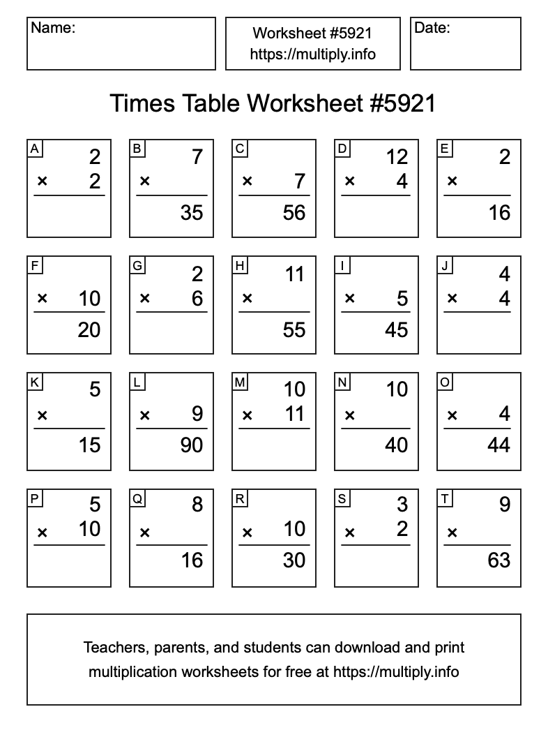Times Table Worksheet #5921
