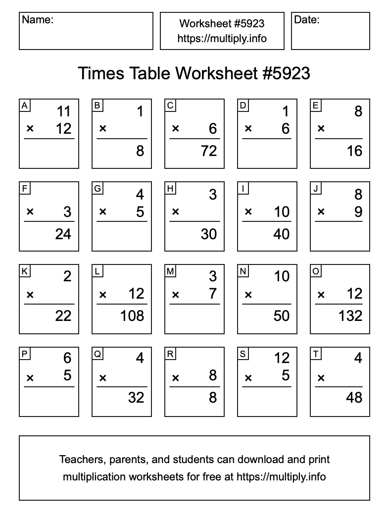 Times Table Worksheet #5923